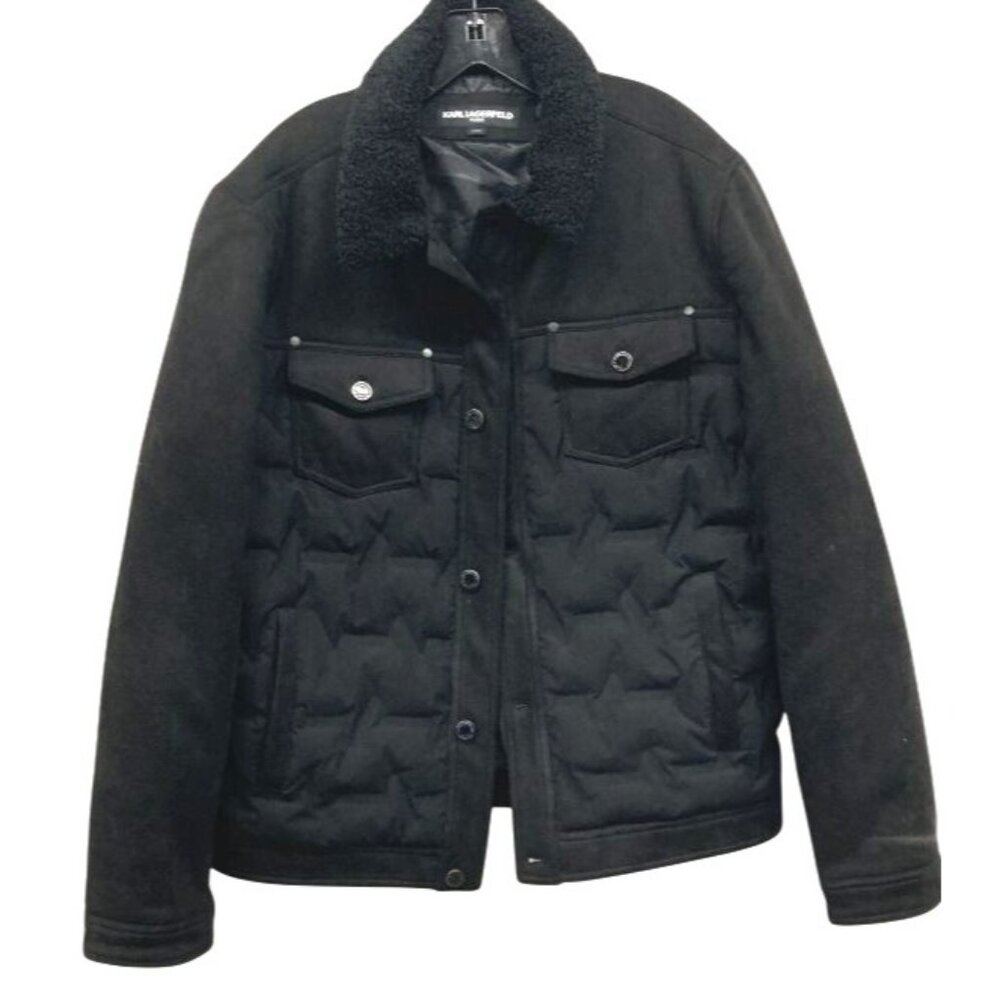 Karl Lagerfeld Paris Men's Black‎ Quilted Jacket With Sherpa Collar L/G